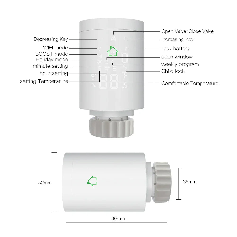 Smart radiator thermostat with dimensions.