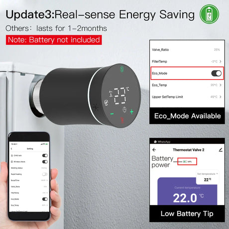 Smart radiator thermostat with energy-saving features.