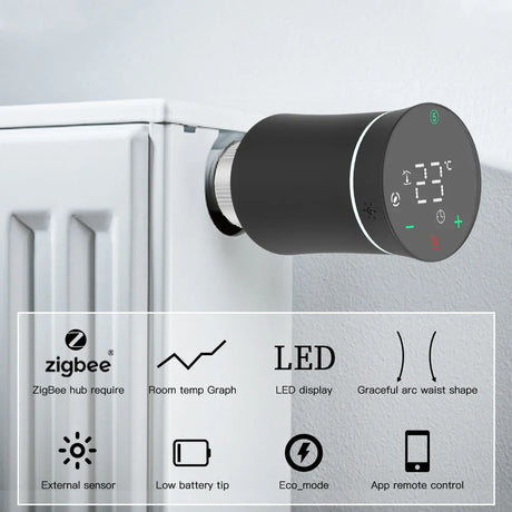 Smart radiator thermostat with LED display.