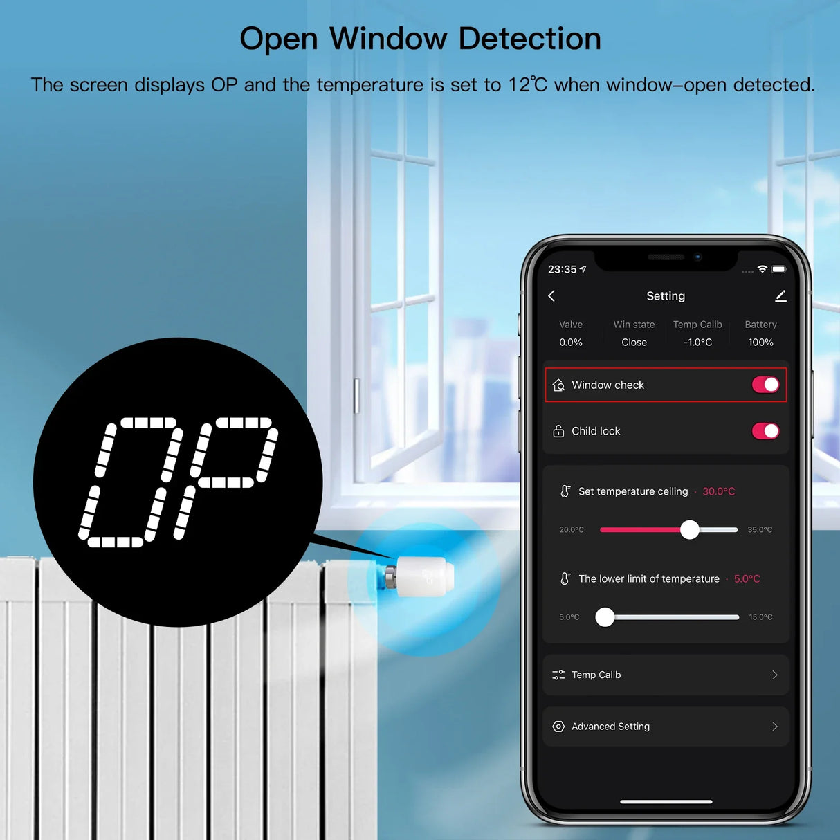 Smart radiator thermostat with open window detection.
