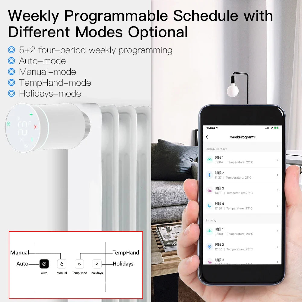Smart radiator thermostat with programmable schedule.