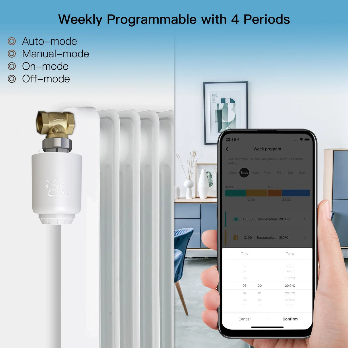 Smart radiator thermostat with smartphone app.