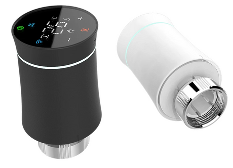 Smart radiator thermostats in black and white.