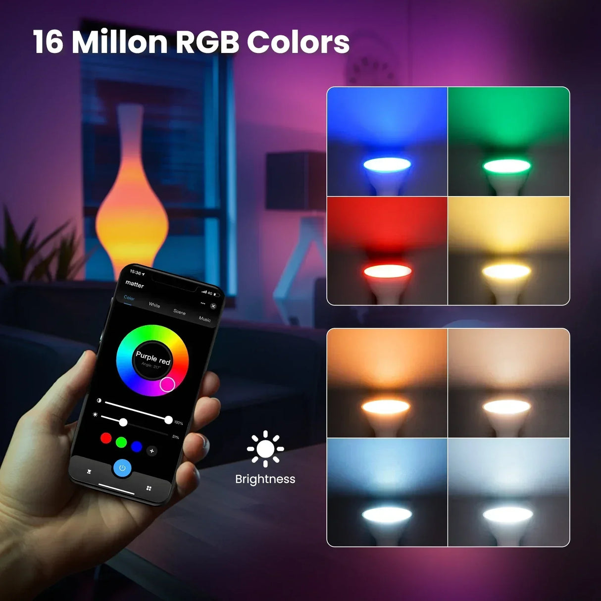 Smart RGB lightbulb controlled by smartphone.