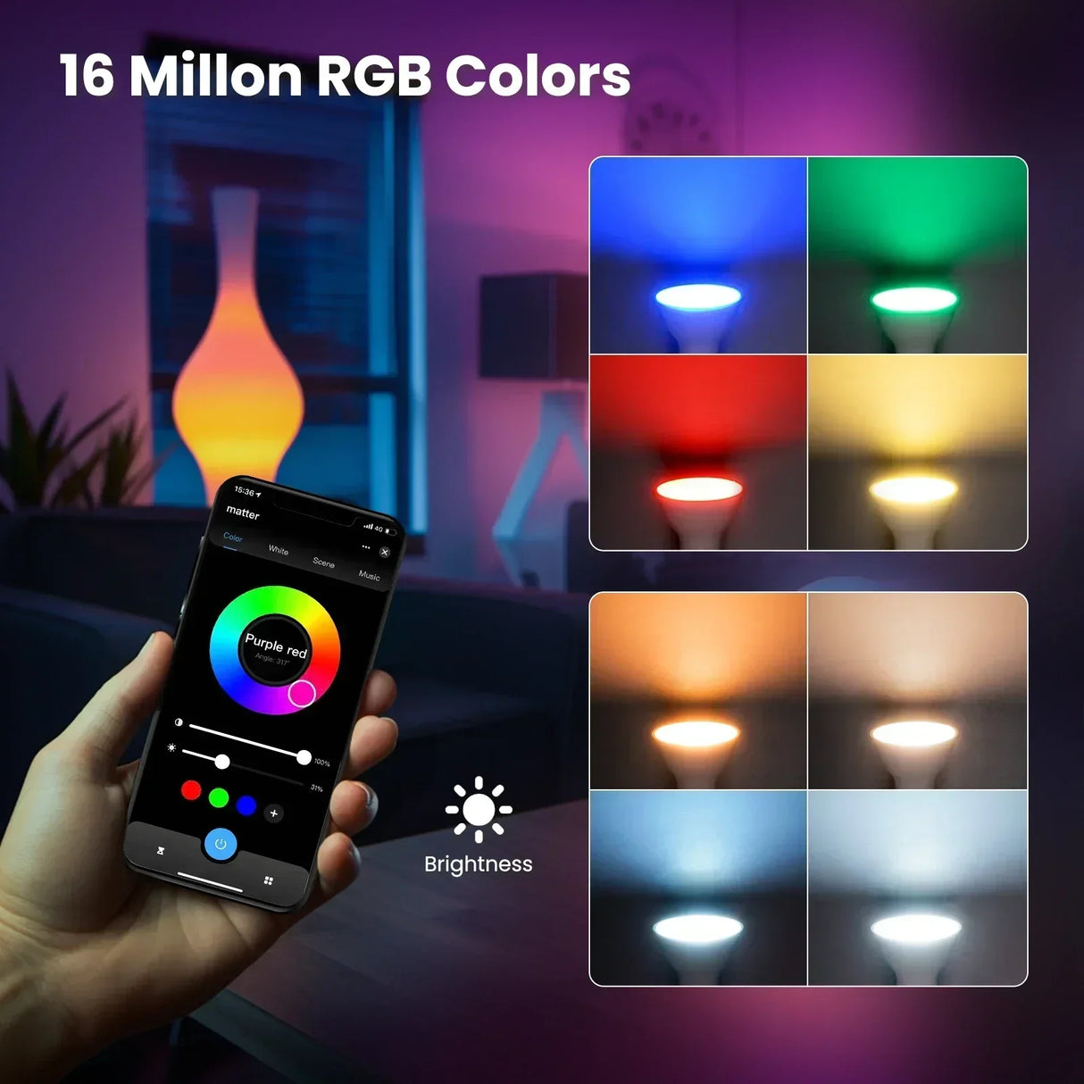 Smart RGB lightbulb controlled by smartphone.