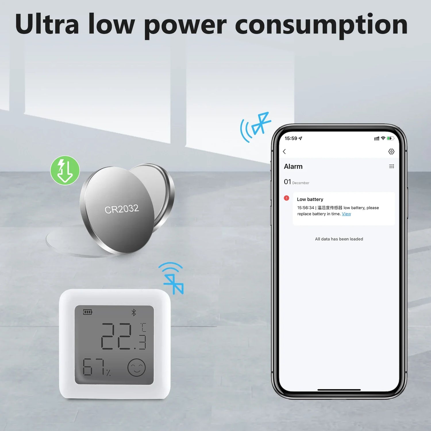 Smart thermometer with low battery alert.
