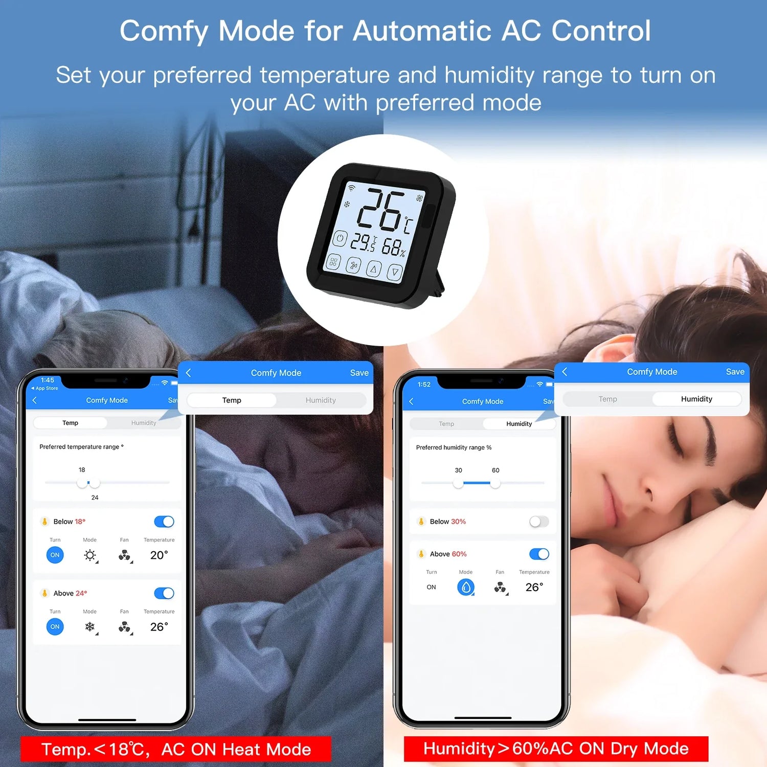 Smart thermostat controlling AC settings.