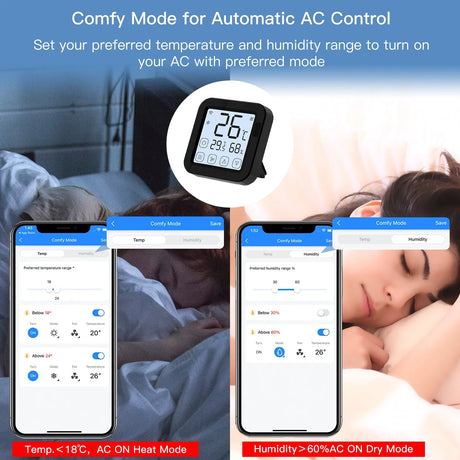 Smart thermostat controlling AC settings.