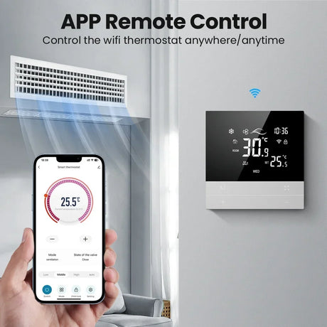 Smart thermostat system with app control.