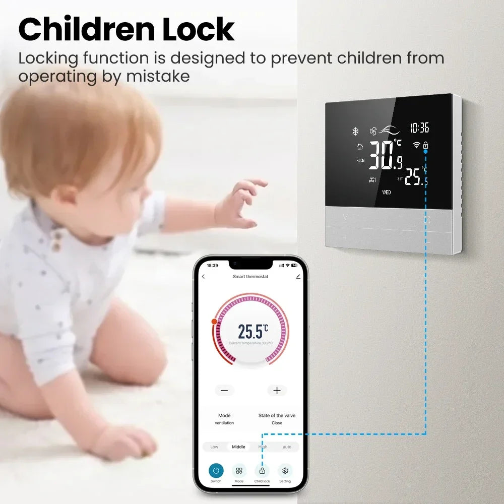 Smart thermostat with child lock feature.