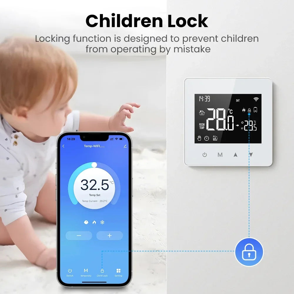 Smart thermostat with child lock feature.