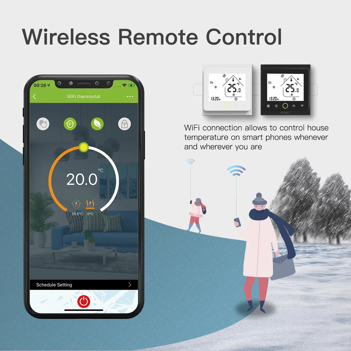 Smart thermostat control via smartphone.