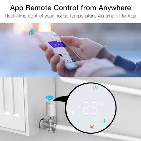 Smart thermostat controlled by a smartphone.