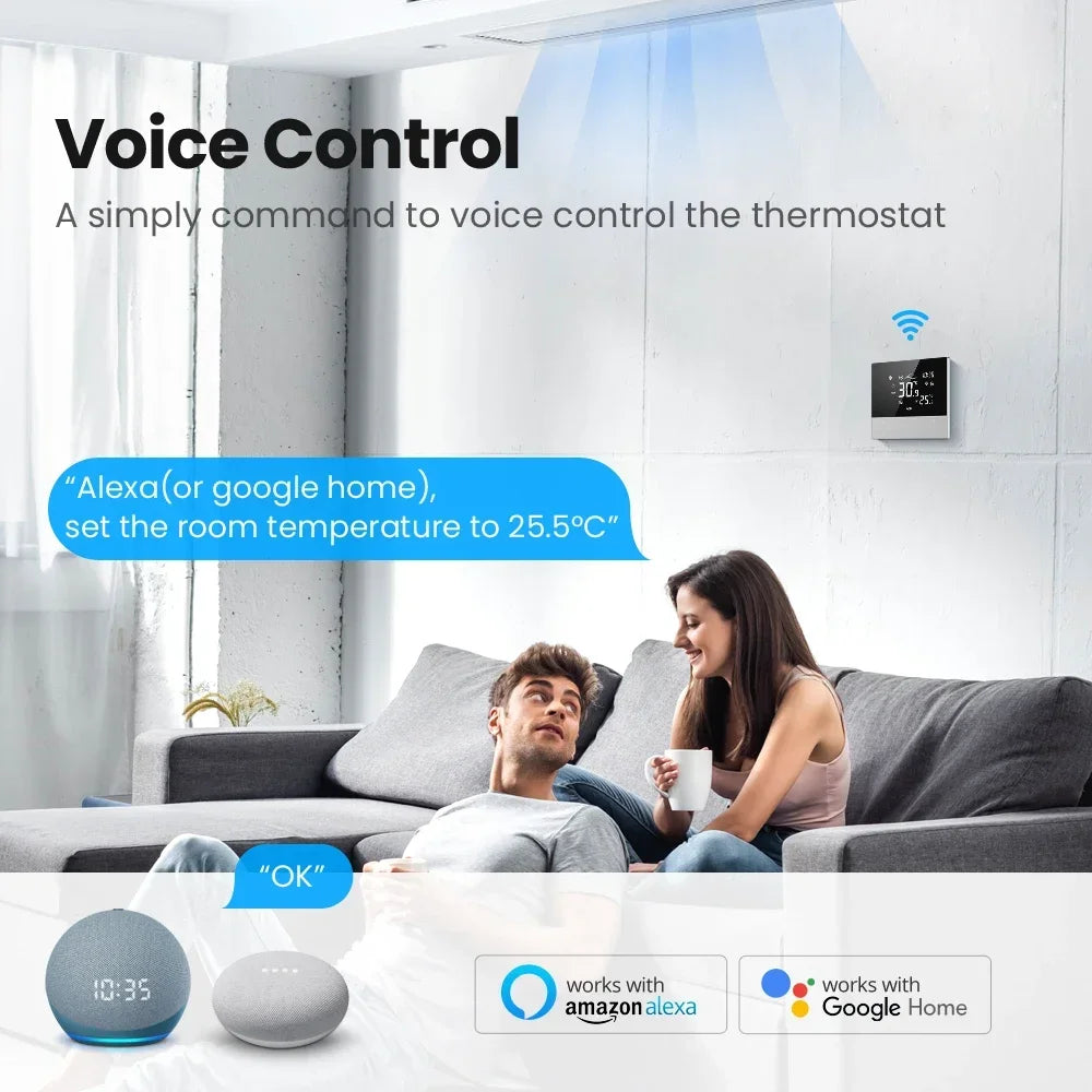 Smart thermostat controlled by voice.