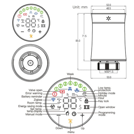 Smart thermostat dimensions and features.
