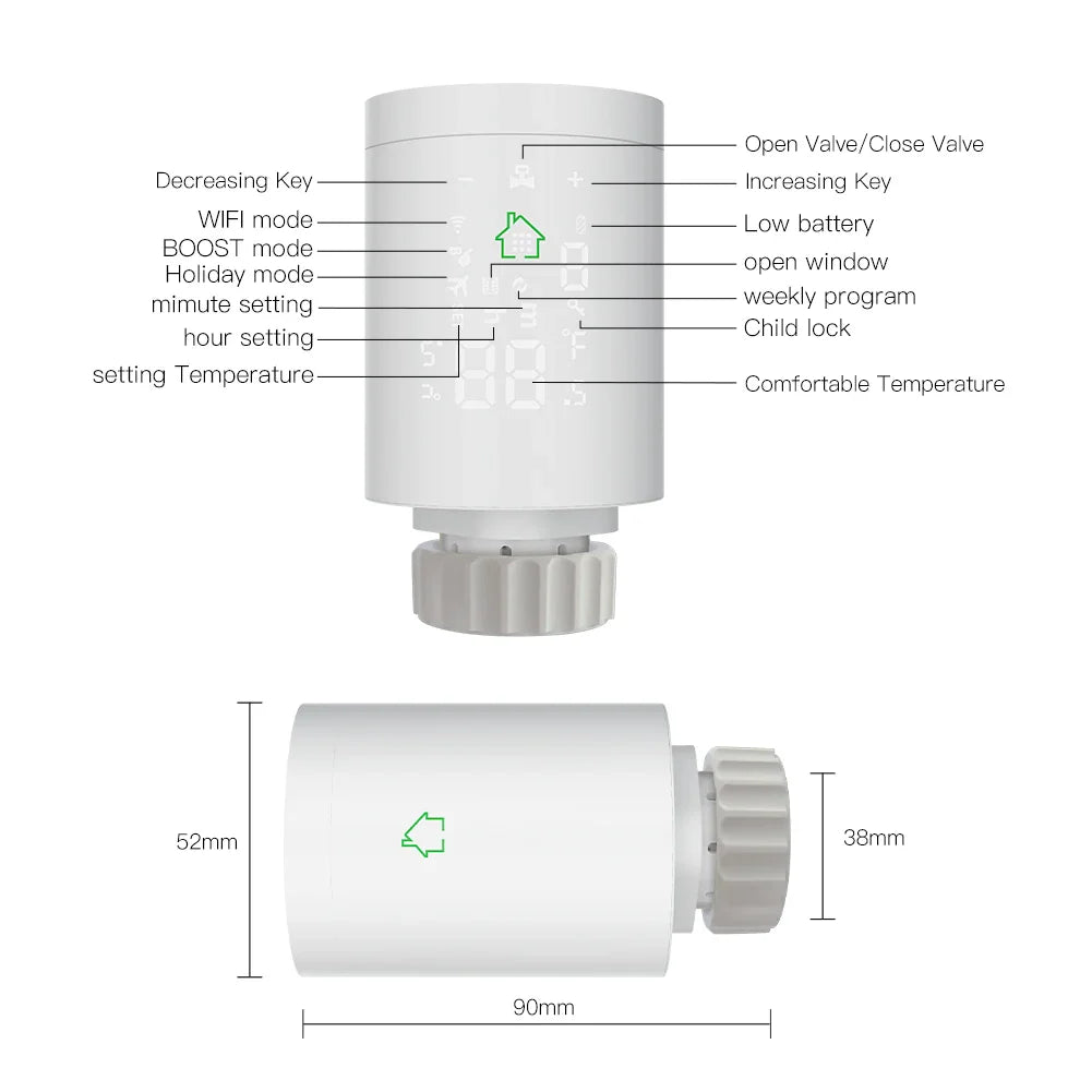 Smart thermostat with labeled features and dimensions.