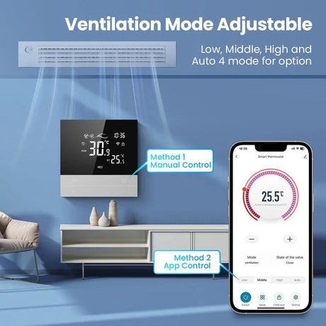 Smart thermostat with manual and app control.