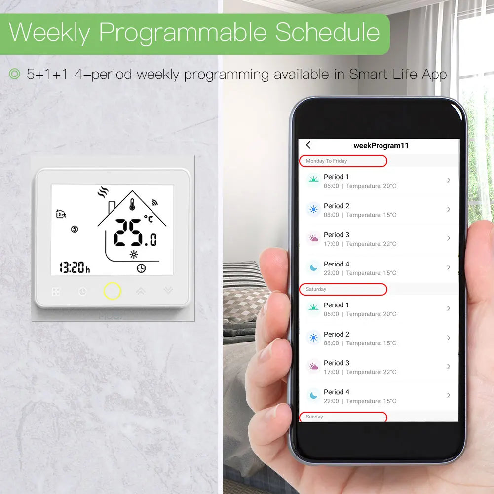 Smart thermostat with programmable schedule.