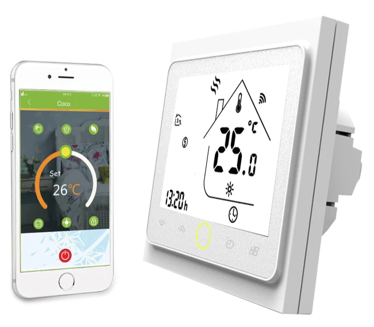 Smart thermostat and smartphone.