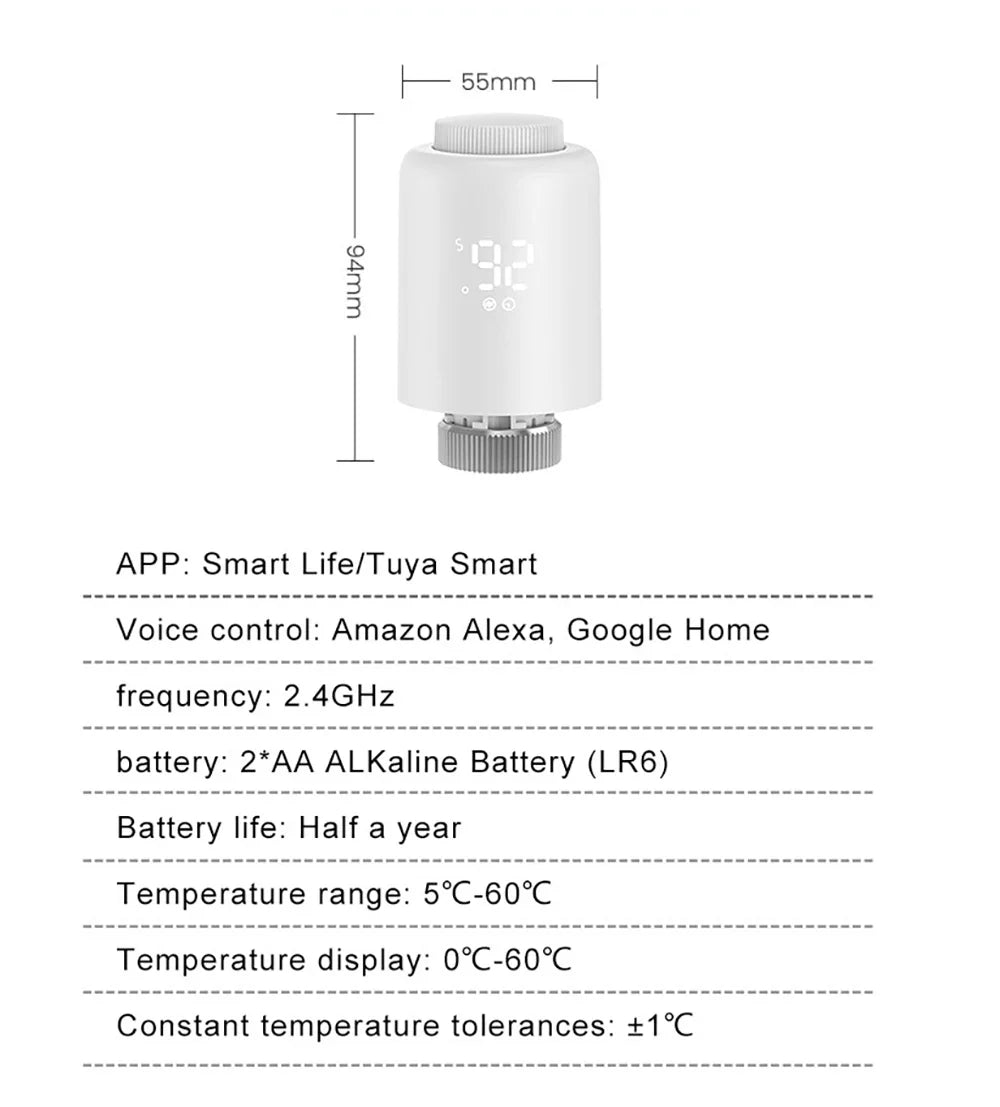 Smart thermostat with specifications.