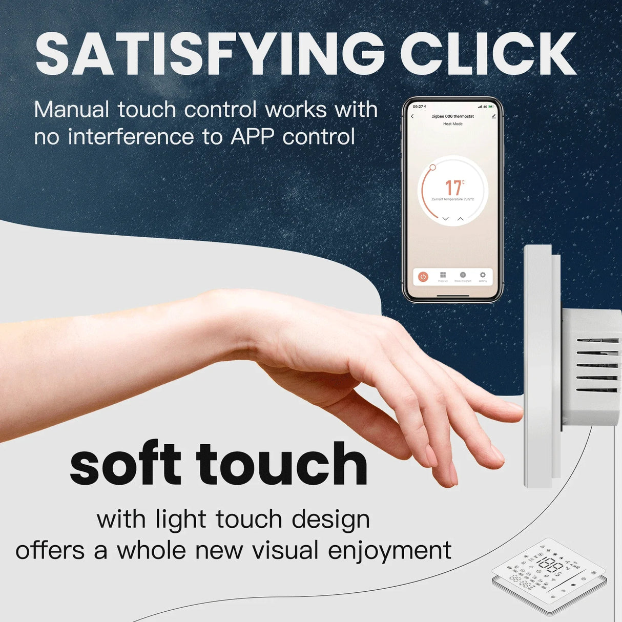 Smart thermostat with touch control.