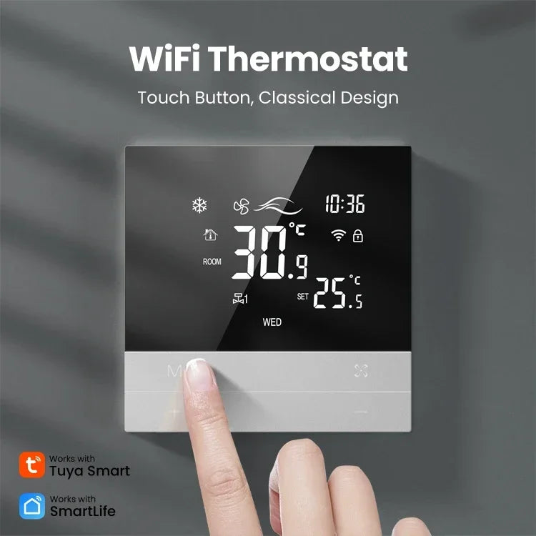 Smart thermostat with touch controls.