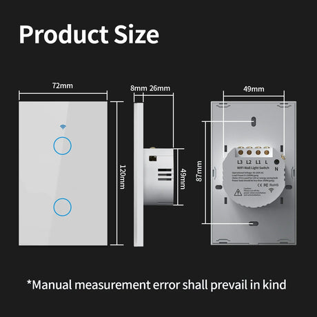 Smart wall light switch dimensions.