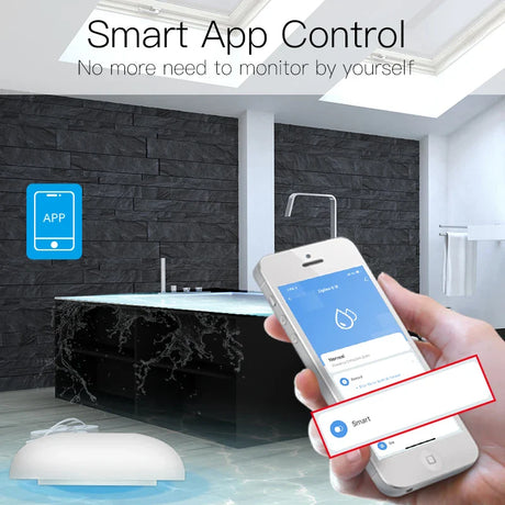 Smart water leak detector with app control.
