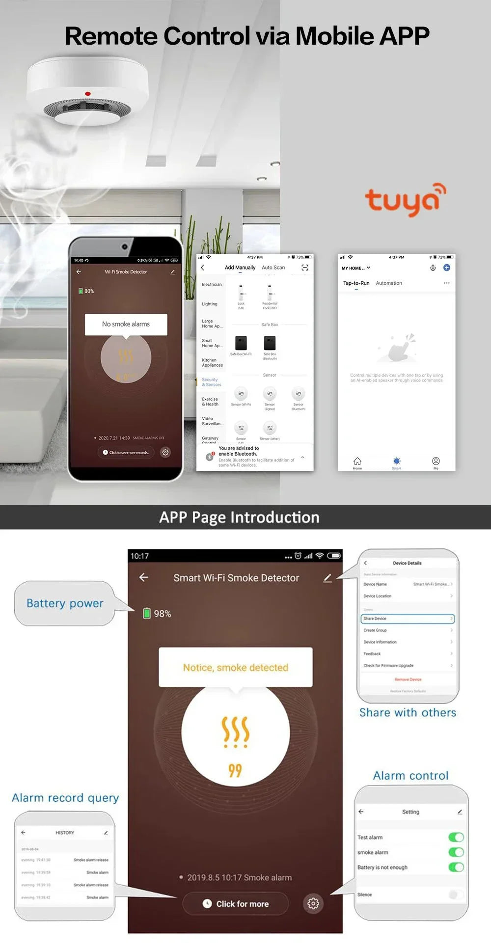 Smart Wi-Fi smoke detector app interface.