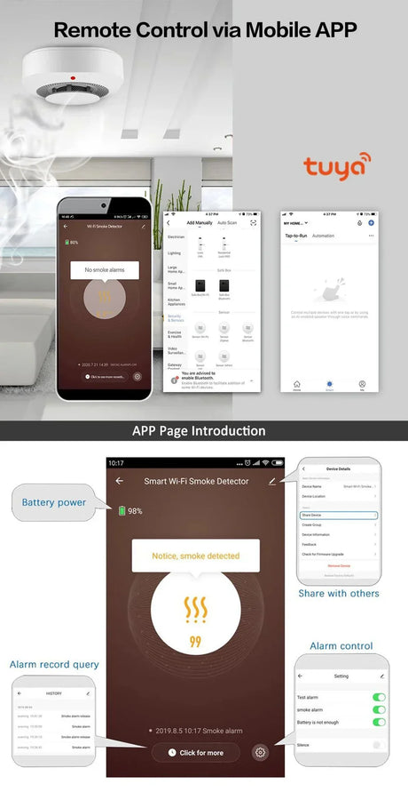 Smart Wi-Fi smoke detector app interface.