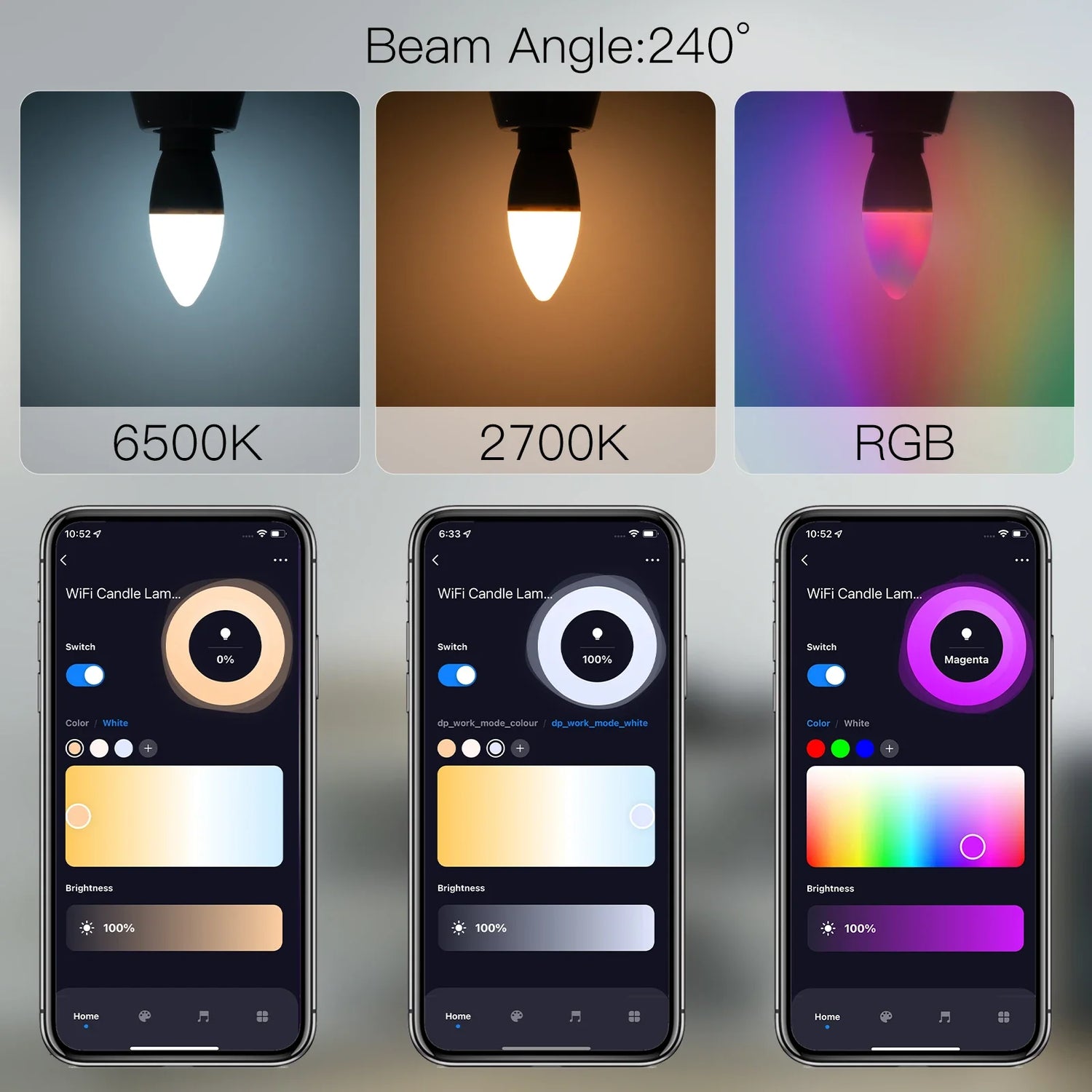Smart WiFi candle bulb with color temperature and RGB control.