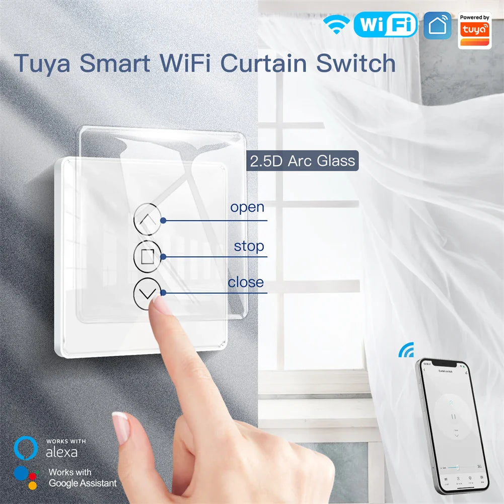 Smart WiFi curtain switch with touch controls.