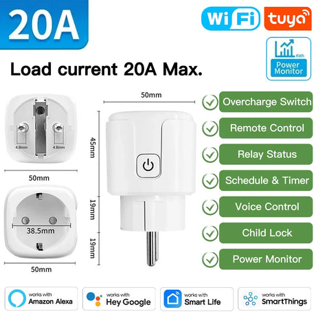 Smart WiFi power plug with dimensions and features.