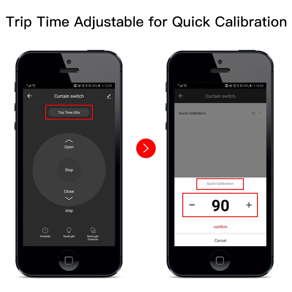 Smartphone app interface for curtain switch calibration.