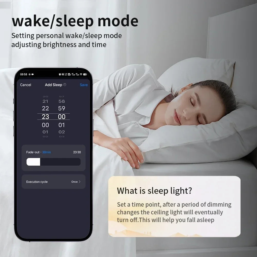 Smartphone app interface for sleep light settings.
