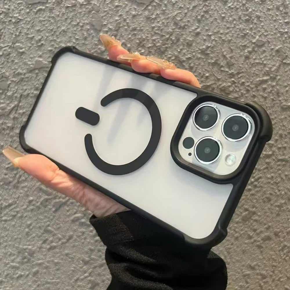 Smartphone in a black-rimmed case with a power symbol.