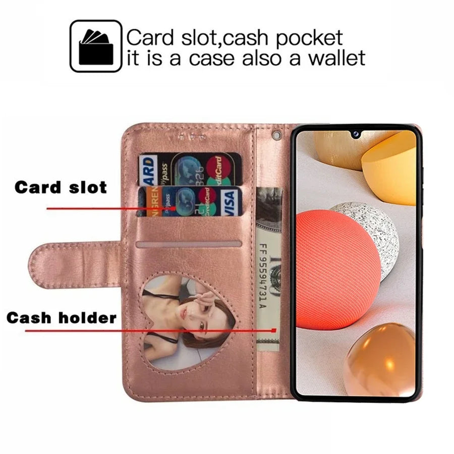 Smartphone case with integrated wallet features including card slots and a cash holder.