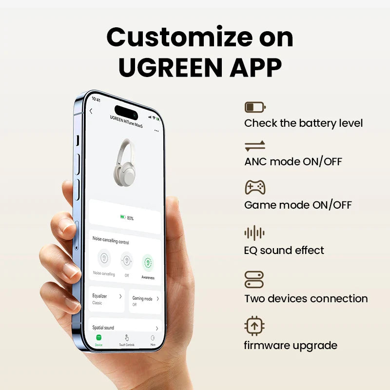 Smartphone displaying a customization interface for UGREEN APP with various audio device settings.