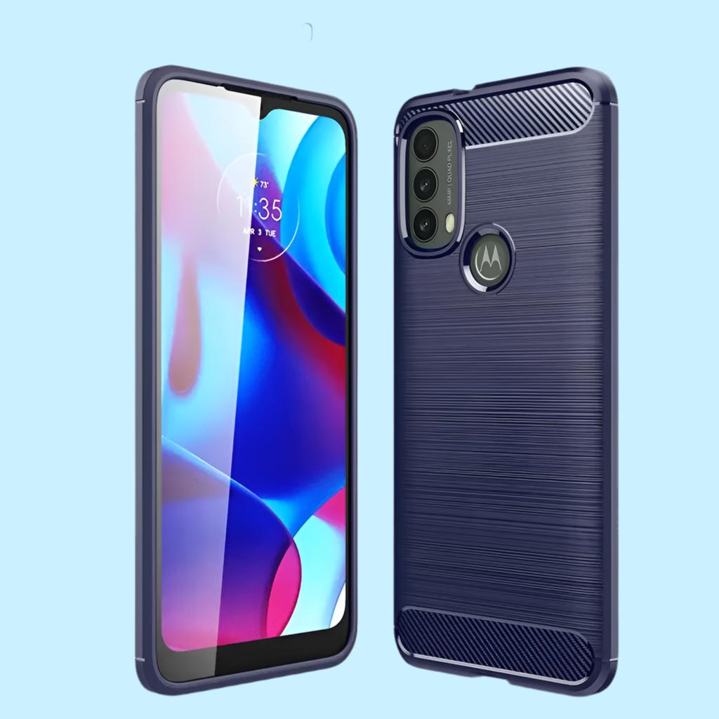 Smartphone with a dark blue protective case featuring a brushed metal texture and camera cutout.