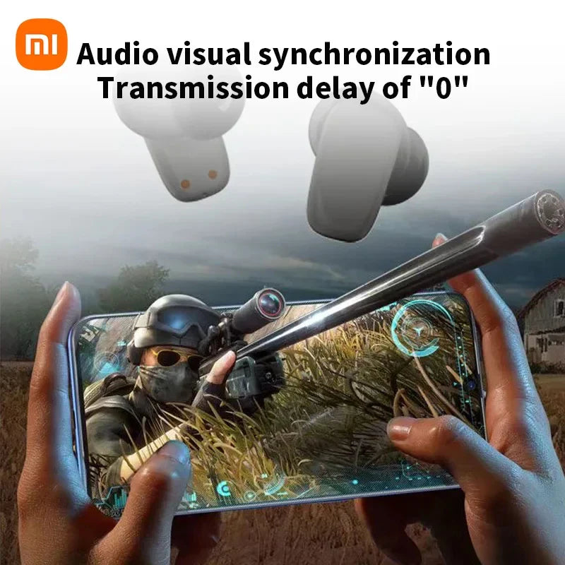 Smartphone displaying a first-person shooter game with wireless earbuds above it.