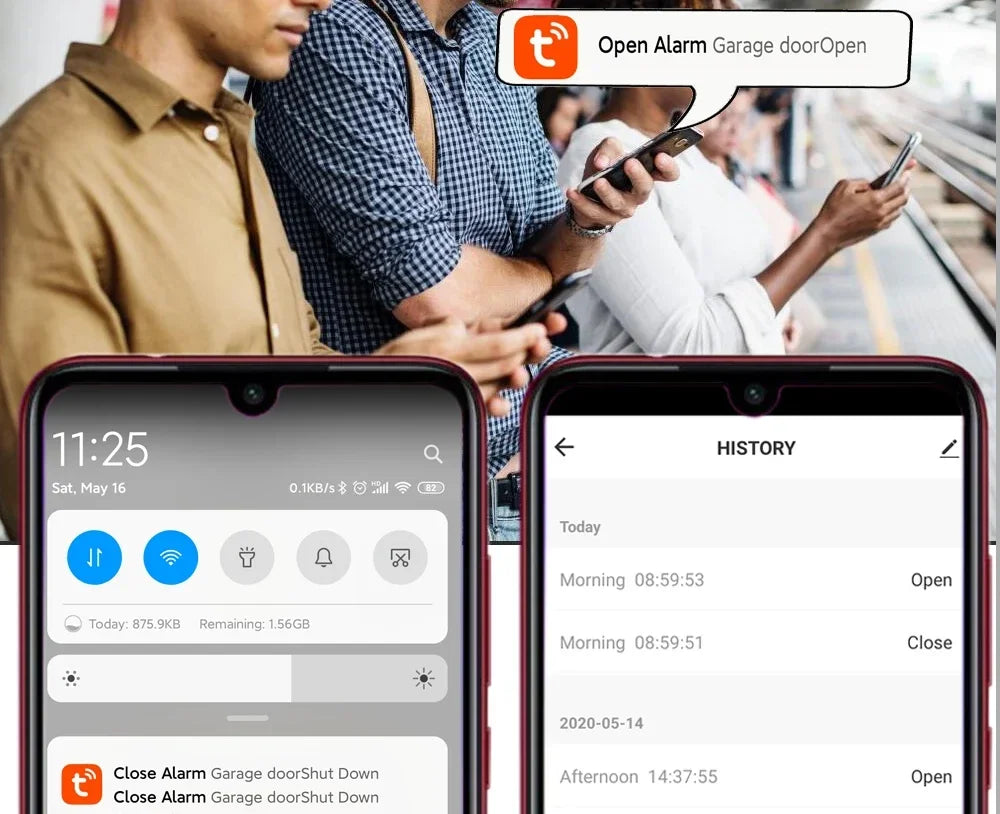 Smartphone displaying garage door alarm notifications.