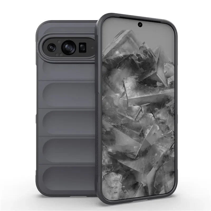A smartphone in a gray puffer-style case, with a display showing a gray abstract pattern.