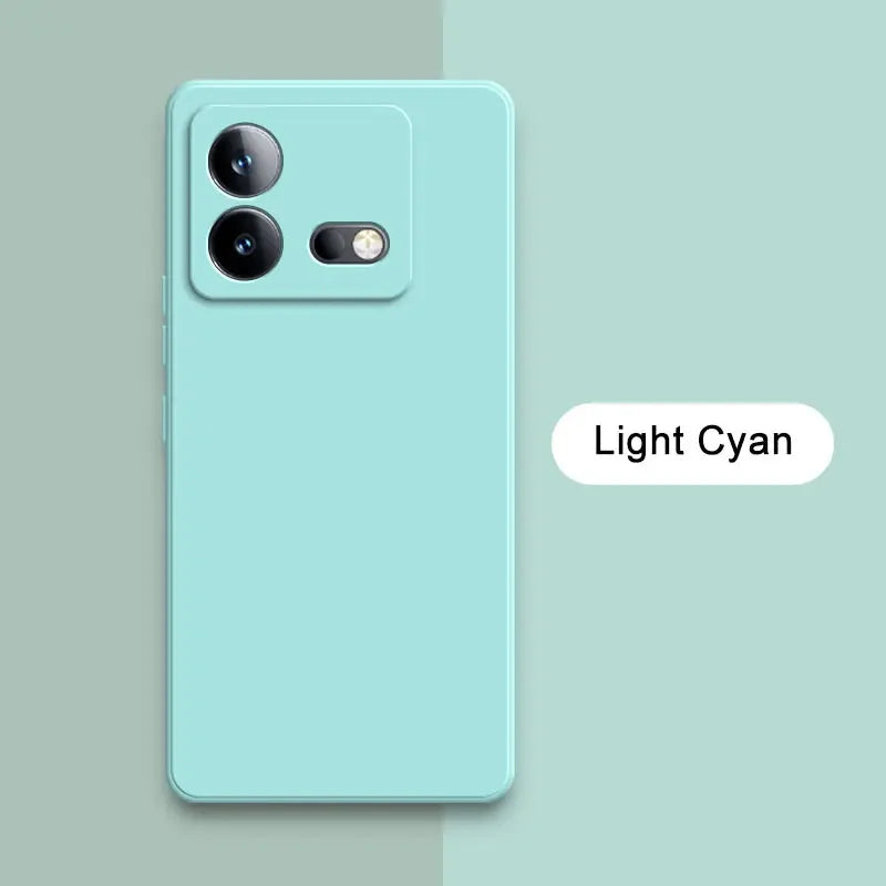 Smartphone in a light cyan color with a dual-camera setup.