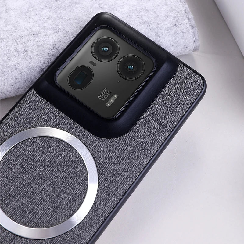 A smartphone with a multi-camera system in a textured gray case with a silver ring.