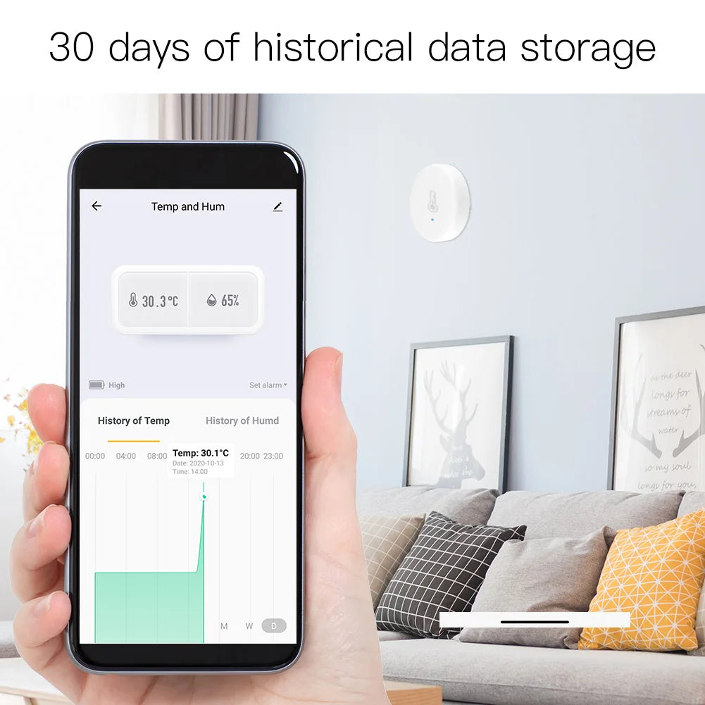 Smartphone displaying temperature and humidity data.