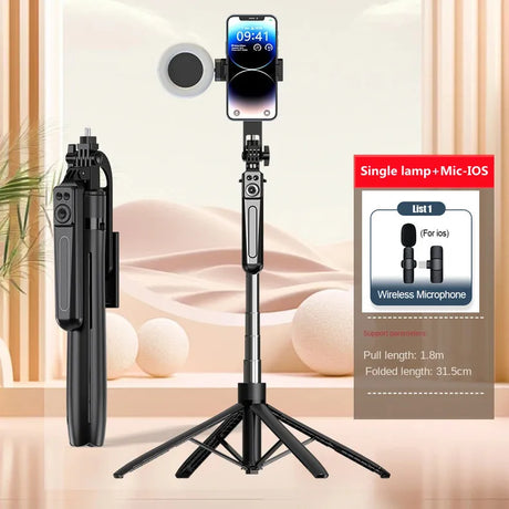 Smartphone tripod with light and microphone.