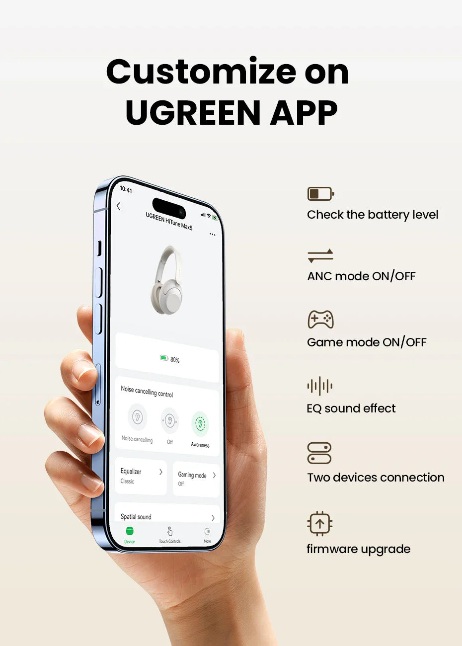 Smartphone displaying the UGREEN APP interface held in a hand.