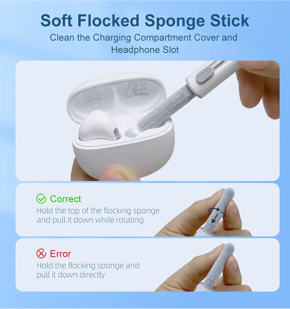 Soft flocked sponge stick for cleaning electronic device compartments and slots.