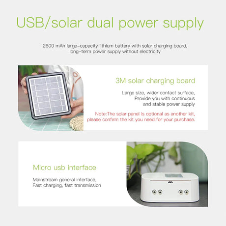 Solar-powered device with USB interface.