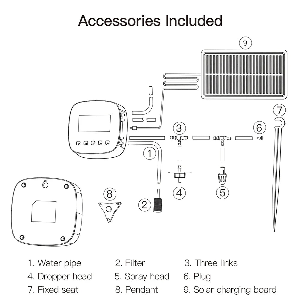 Solar-powered irrigation system components.